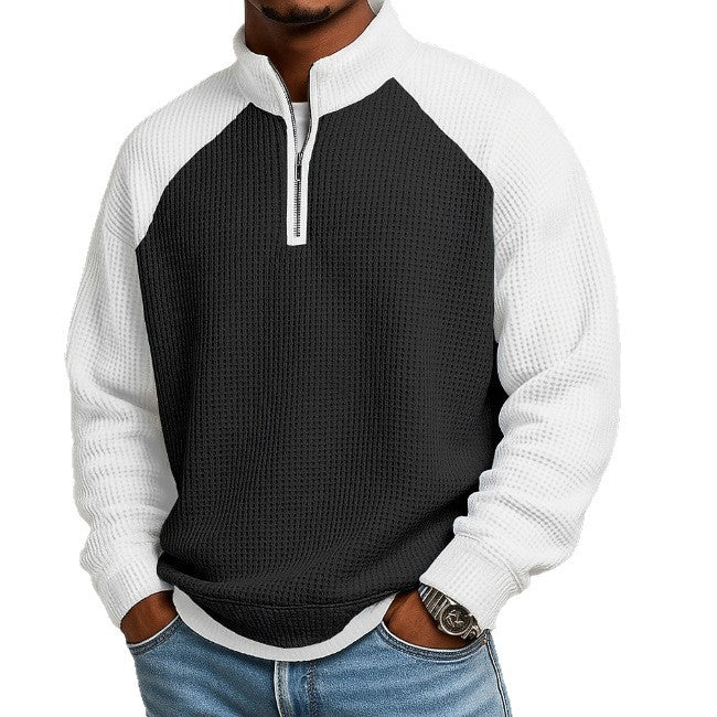 Mens Fashion Color-Block Plus-Size Long-Sleeve Polo Shirt