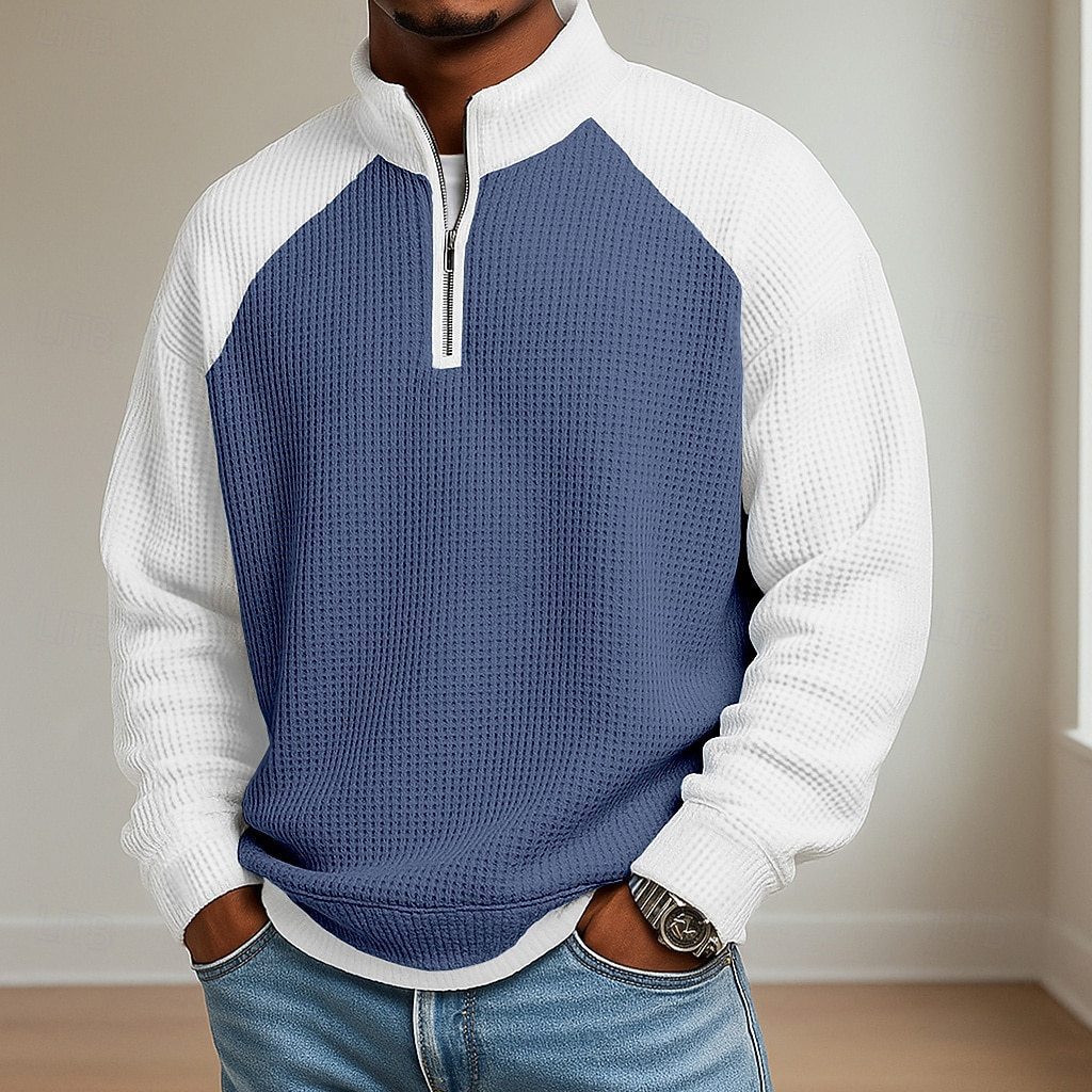 Mens Fashion Color-Block Plus-Size Long-Sleeve Polo Shirt