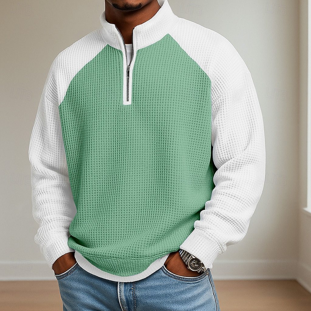 Mens Fashion Color-Block Plus-Size Long-Sleeve Polo Shirt